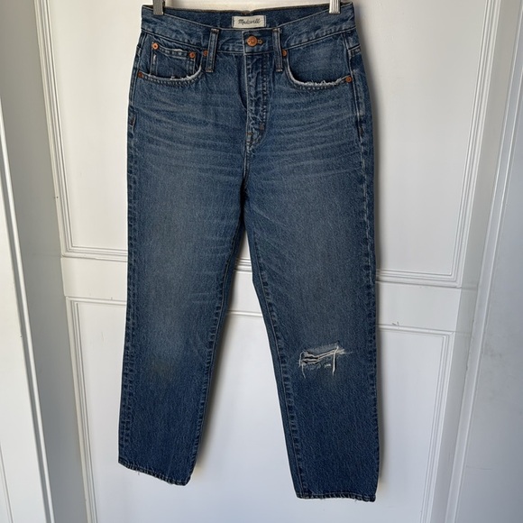 Madewell Petite Classic Straight Leg Jeans Jade Wash Knee-Rip Edition size 26 - Picture 6 of 16